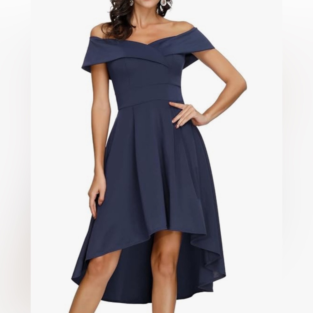 Hi-low navy, off the shoulder dress with pockets!